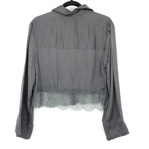 By Anthropologie Satin + Lace Pajama Set Cropped Top W/Shorts Gray Size Medium - Picture 9 of 13